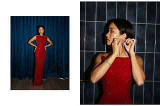 On the left, Anna Sawai poses in her custom Giorgio Armani Privé gown. On the left, a close-up shot shows Anna Sawai putting on her Cartier earring.