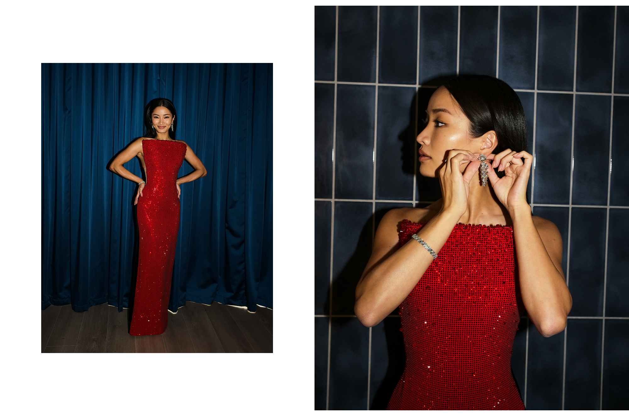 On the left, Anna Sawai poses in her custom Giorgio Armani Privé gown. On the left, a close-up shot shows Anna Sawai putting on her Cartier earring.