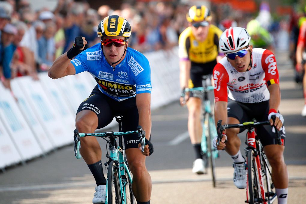 Dylan Groenewegen celebrates winning stage 2 at the ZLM Tour