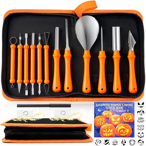 Joyin 12 Pcs Halloween Pumpkin Carving Kit, Professional Carving Set With Handbag,12 Stencils, 4 Led Lights for Diy Jack O Lantern, Stainless Steel Double-Sided Sculpting Tools Decoration Supplies