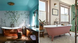 collage of two bathroom images one in teal and one in pink and green but both used to demonstrate statement lighting, a key bathroom trend 2023
