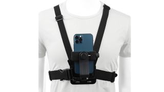 Product shot of mannequin wearing a Pellking Mobile Phone Chest Harness over a T-shirt