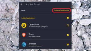 Split tunneling on the CyberGhost Android app