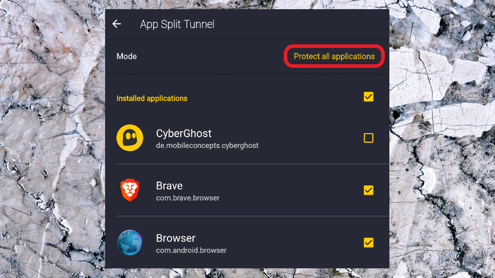 Split tunneling di aplikasi Android CyberGhost