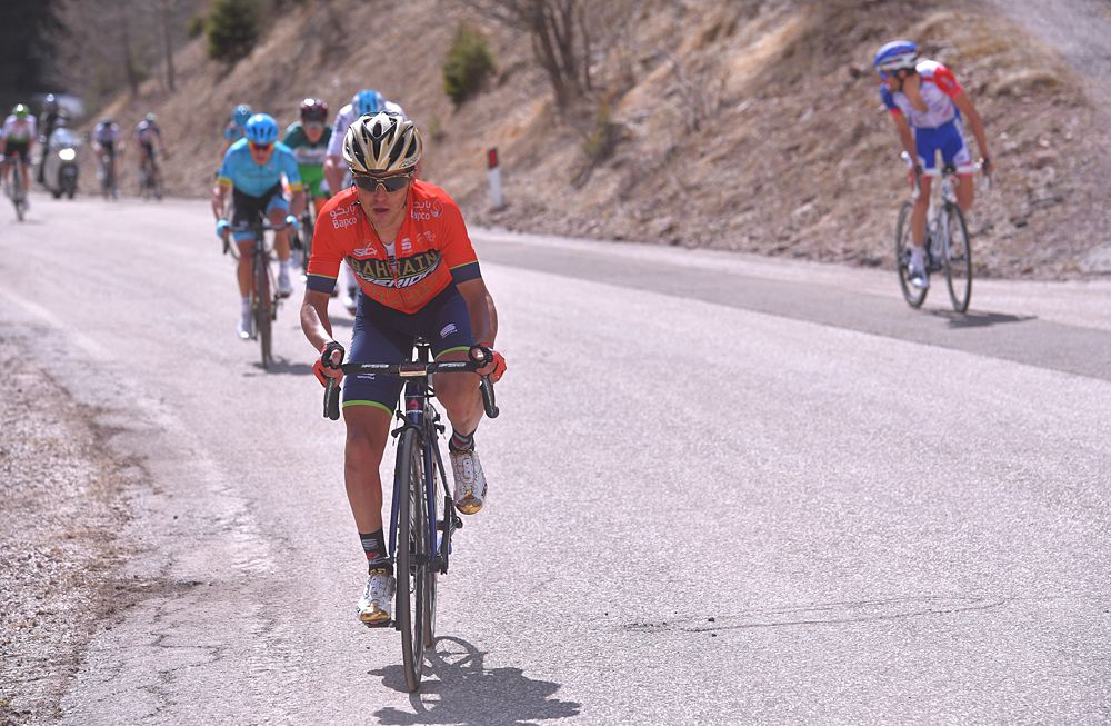 Domenico Pozzovivo of Italy and Team Bahrain Merida attacks on the final climb of stage 2 at Tour of the Alps