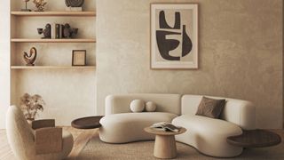 A zen living room with rounded furniture