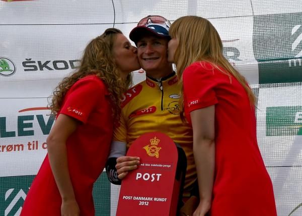 Andre Greible (Lotto-Belisol) on the podium in the GC Leaders jersey