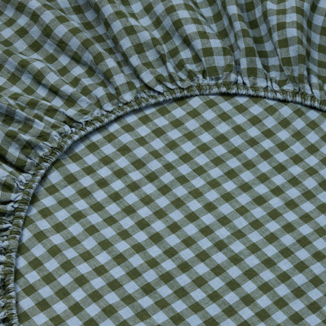 Fern Green &amp;amp; Dusk Blue Colour Drenched Gingham Linen Blend Fitted Sheet