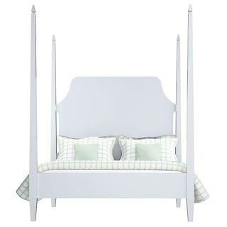 4-post matt white bedstead with lime and white bedlinen