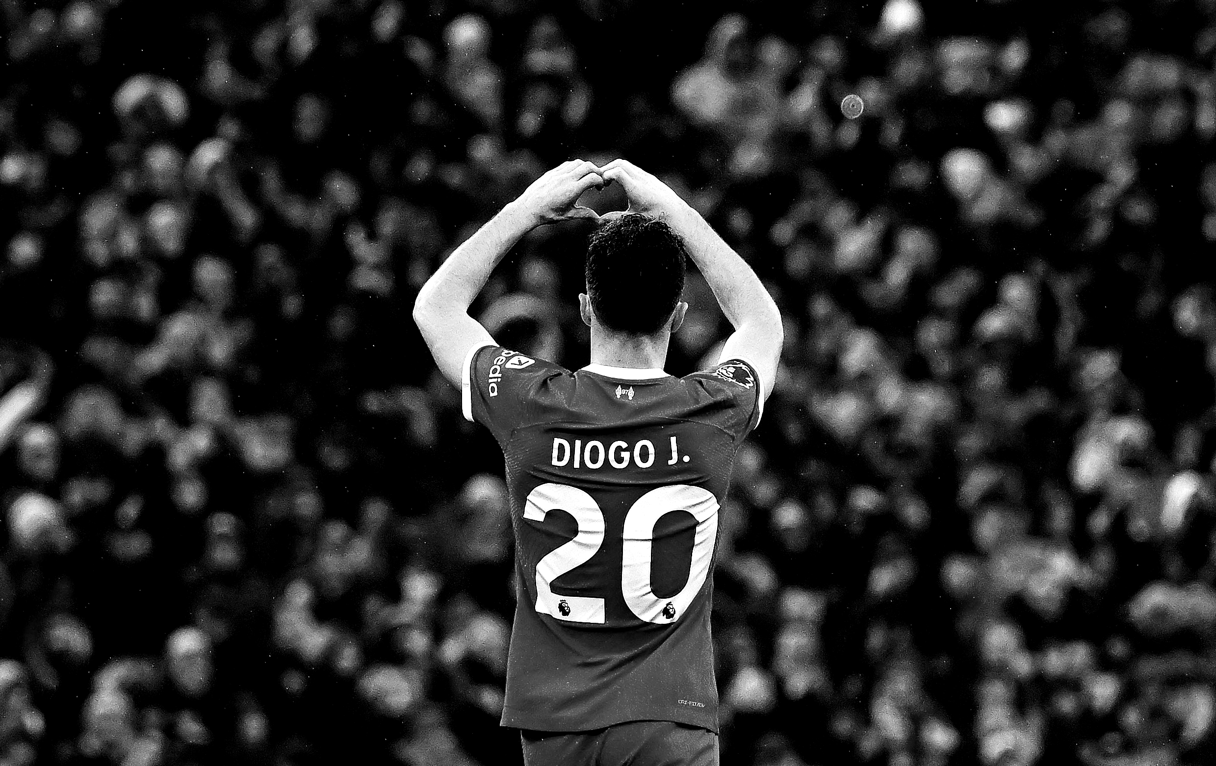 Diogo Jota of Liverpool celebrates after scoring the third goal making the score 3-0 during the Premier League match between Liverpool FC and Brentford FC at Anfield on November 12, 2023 in Liverpool, England. 