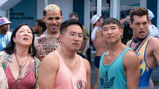 From left to right: Margaret Cho, Tomás Matos, Bowen Yang, Joel Kim Booster and Matt Rogers in Fire Island looking happily shocked.