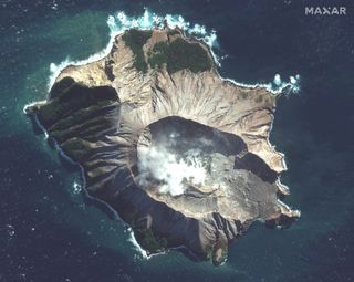 A satellite image of White Island taken on May 12, 2019