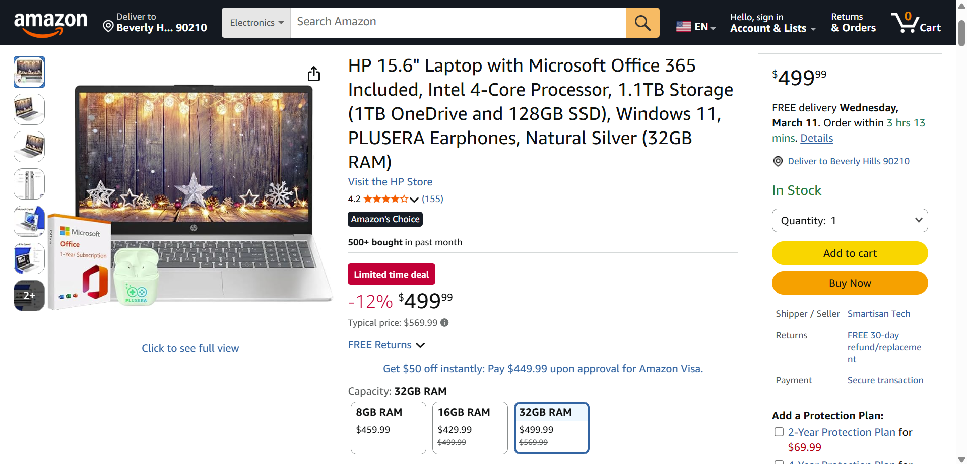 لقطة شاشة تُظهر جهاز كمبيوتر محمولًا مضللًا إلى حد ما معروض للبيع على أمازون بسعة تخزينية تبلغ 1.1 تيرابايت، تتألف من 1 تيرابايت من OneDrive ومحرك أقراص SSD بسعة 128 جيجابايت