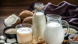 image shows a variety of plant-based milk alternatives