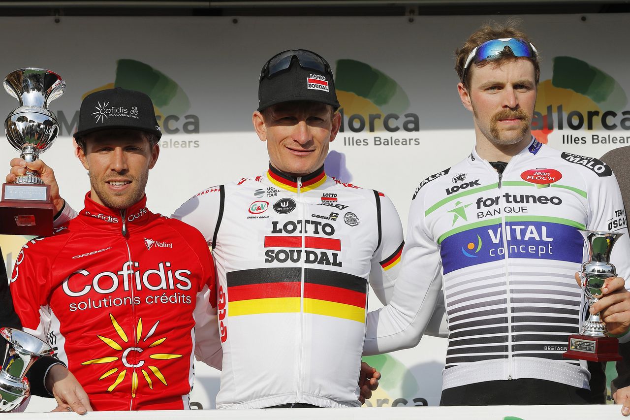 Winner Andr&eacute; Greipel, runner-up Jonas Van Genechten and third-placed Daniel McLay made up the podium at the Trofeo Porreres.