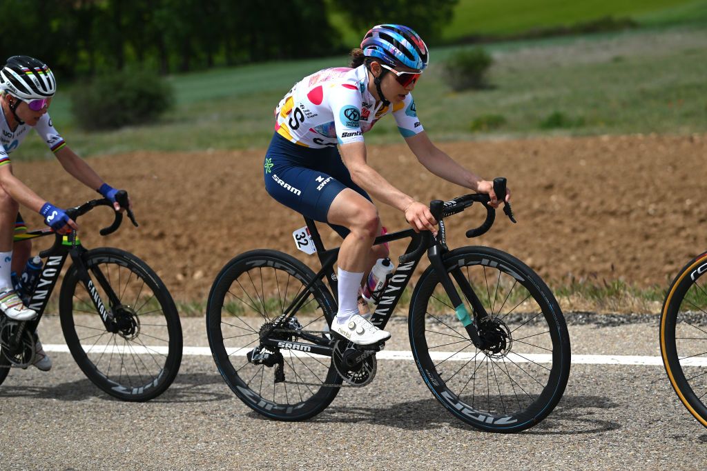MIRADOR DE PEAS LLANAS SPAIN MAY 05 Elise Chabbey of Switzerland and Team CanyonSRAM Racing competes in the breakaway during the 9th La Vuelta Femenina 2023 Stage 5 a 1292km stage from La Cabrera to Mirador de Peas Llanas 1479m UCIWWT on May 05 2023 in Mirador de Peas Llanas Spain Photo by Dario BelingheriGetty Images