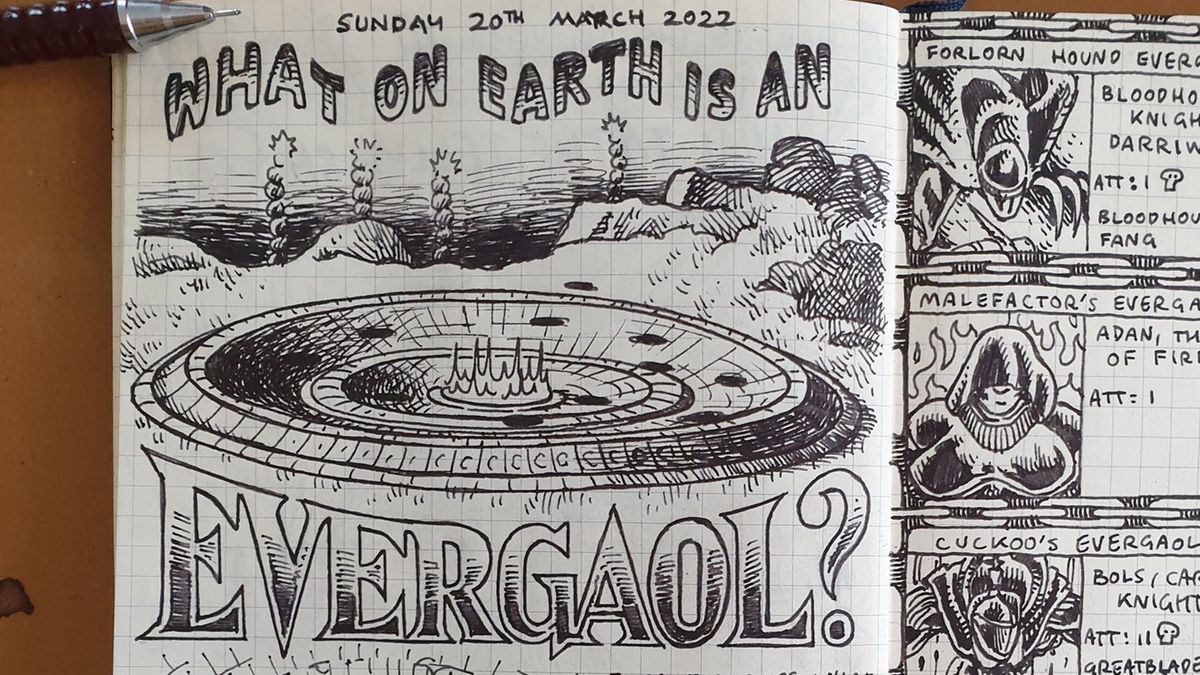 Ink drawings of Elden Ring on journal page.