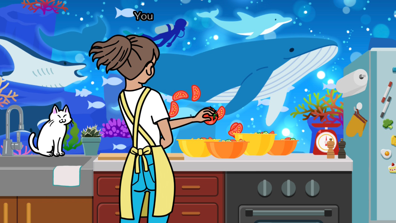 A woman catches a tomato as she chops vegetables in a kitchen in Rhythm Heaven Groove, her wall becoming an ocean scene with swimming wildlife