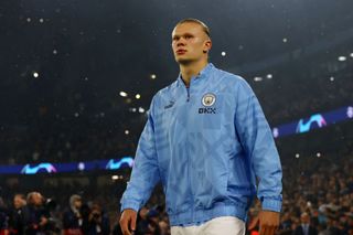 Erling Haaland of Manchester City looks on prior to the UEFA Champions League group G match between Manchester City and FC Copenhagen at Etihad Stadium on October 05, 2022 in Manchester, England.
