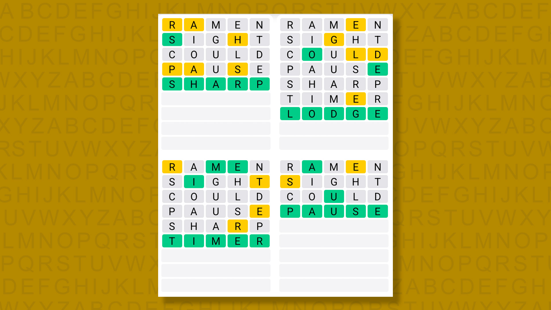 Quordle answers for game 1351 on a yellow background