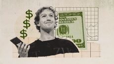 Photo collage of Mark Zuckerberg, a 100 dollar bill, and a chart in the background
