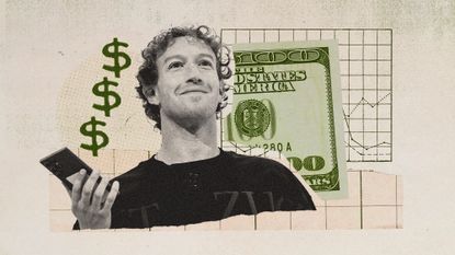 Photo collage of Mark Zuckerberg, a 100 dollar bill, and a chart in the background