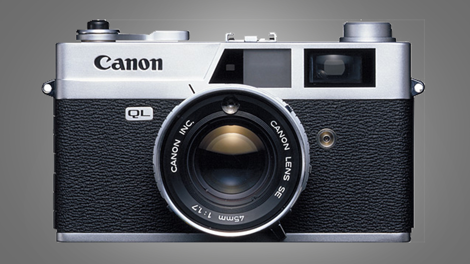 The Canon QL17 camera on a grey background