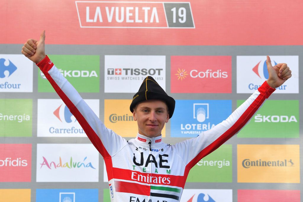 Tadej Pogacar (UAE Team Emirates) on the stage winner's podium for the second time