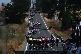 YUNQUERA SPAIN AUGUST 22 A general view of the peloton competing during the La Vuelta 79th Tour of Spain 2024 Stage 6 a 1855km stage from Jerez de la Frontera to Yunquera UCIWT on August 22 2024 in Yunquera Spain Photo by Dario BelingheriGetty Images