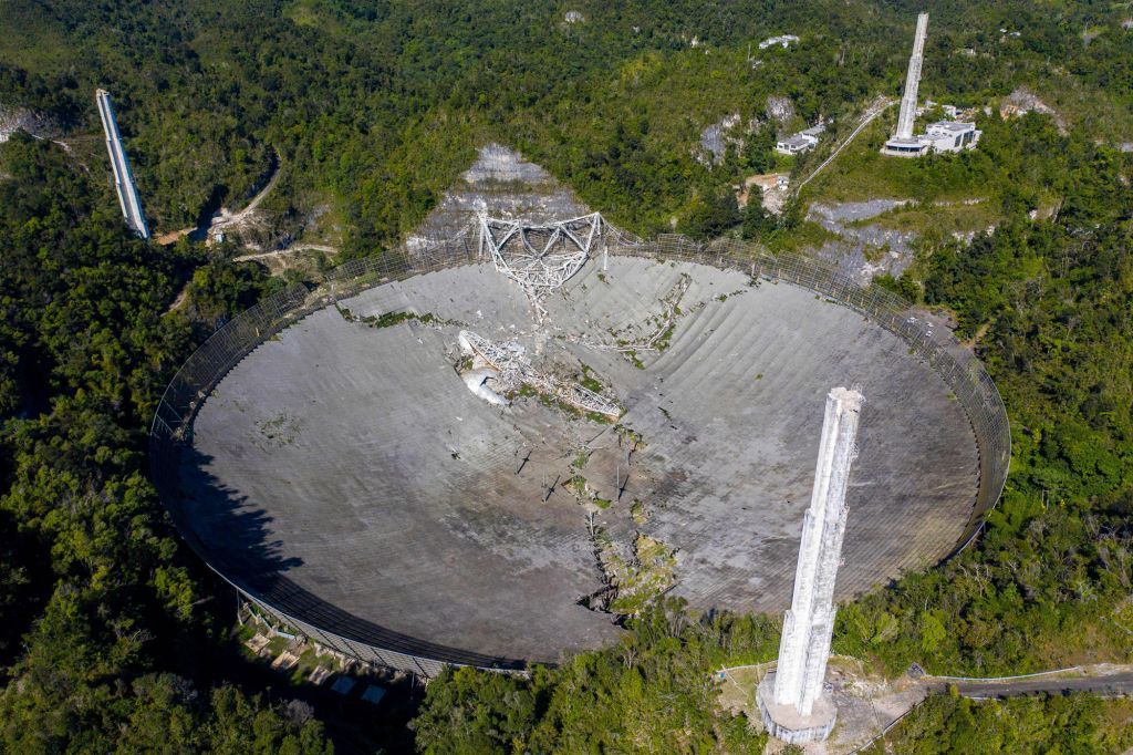 This aerial view shows the damage at the Arecibo Observatory after one of the main cables holding the receiver broke in Arecibo, Puerto Rico, on December 1, 2020.