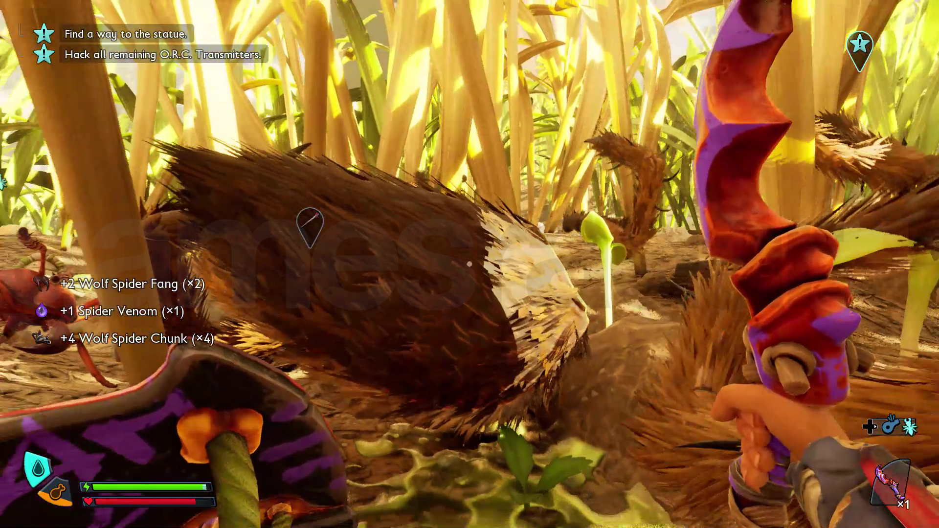 A player harvests materials from a dead wolf spider in Grounded 2