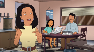 minh, connie and kahn talking in their kitchen on king of the hill