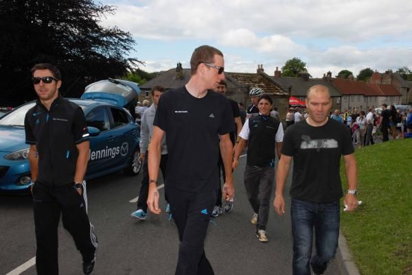 The Brit Pack head to sign on - left to right: Russell Downing, Bradley Wiggins, Roger Hammond