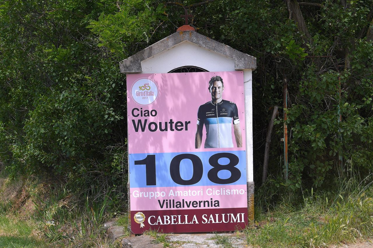 A sign on the road remembering Wouter Weylandt who tragically died during the 2011 Giro d'Italia