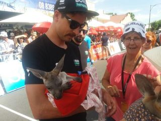 Peter Sagan with a kangaroo at the Tour Down Under