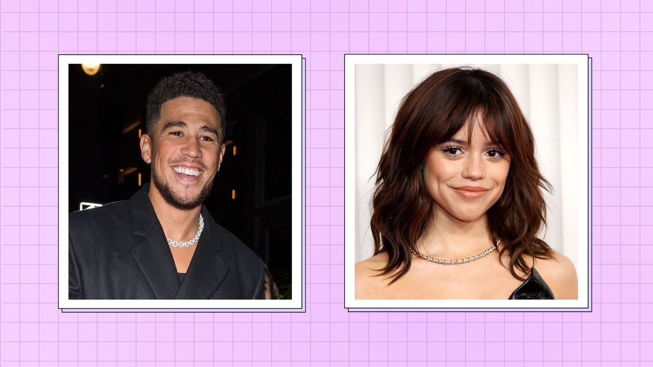 Devin Booker and Jenna Ortega: Devin pictured in a black suit attending VOGUE World: New York during September 2022 New York Fashion Week on September 12, 2022 / alongside a picture of Jenna, wearing a black dress at the 29th Annual Screen Actors Guild Awards at Fairmont Century Plaza on February 26, 2023 in Los Angeles, California./ in a purple template