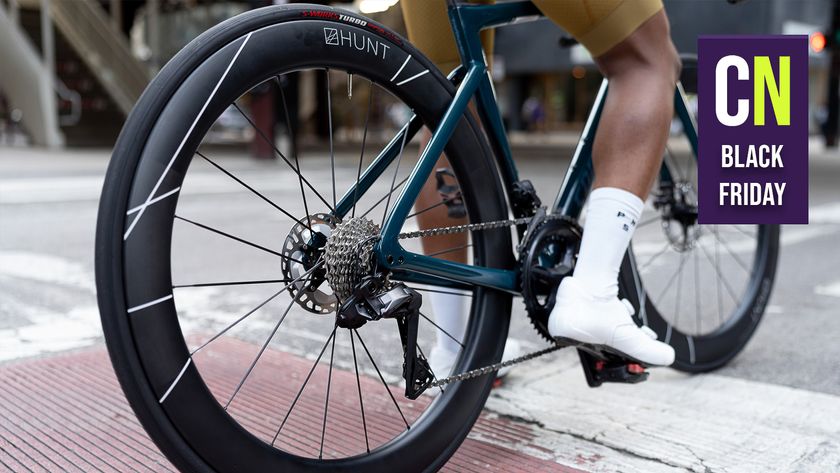 Details of the Hunt 60 Limitless Aero rear wheel on bike with Cyclingnews Black Friday logo
