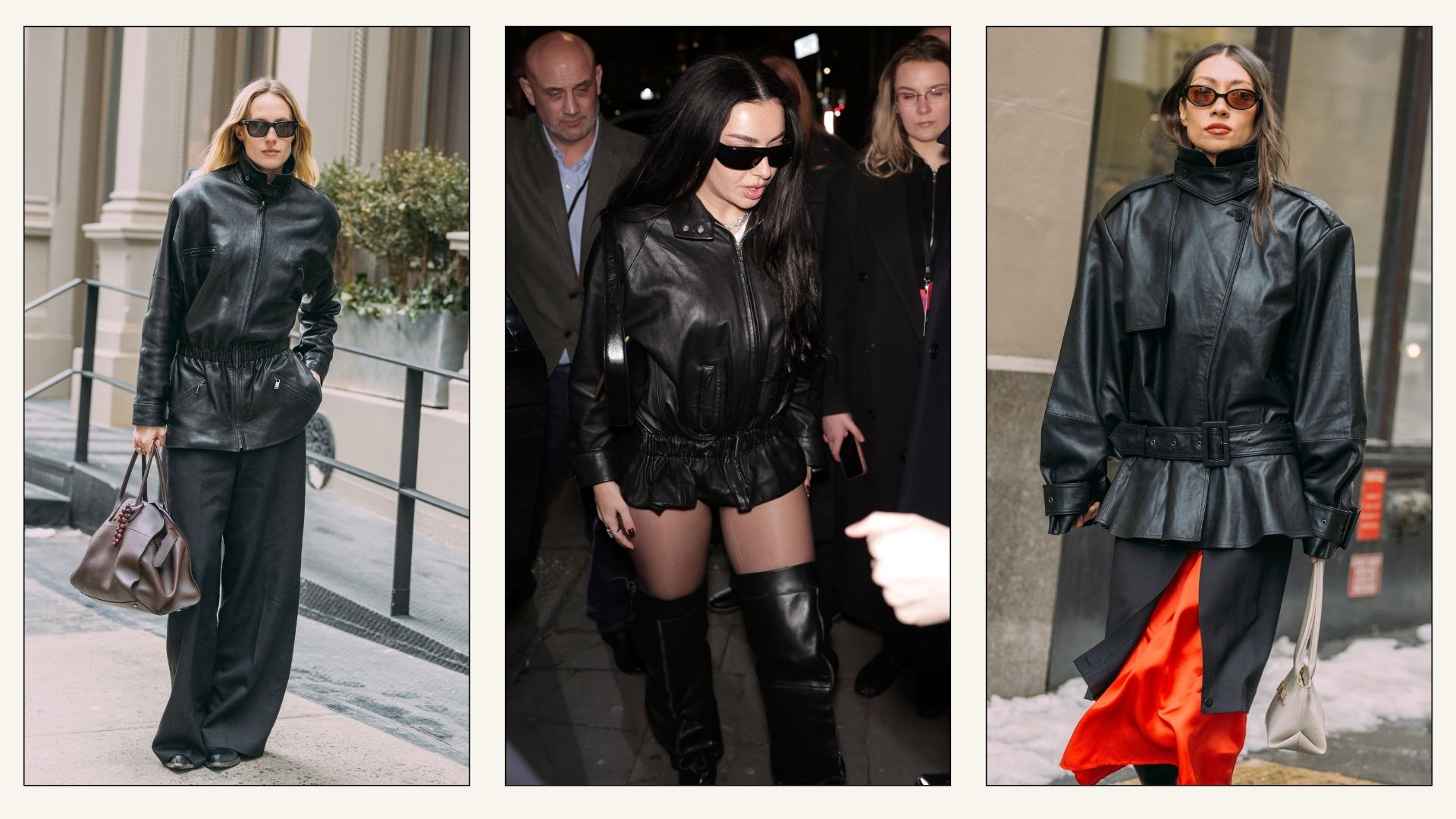Collage of New York Fashion Week attendees wear peplum leather jackets.