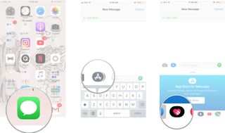 How to send a sketch in Messages, showing how to open Message, tap Store, then tap the Digital Touch button