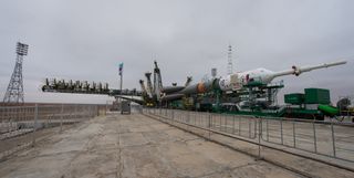 A Soyuz rocket and spacecraft are seen at the launchpad at Baikonur Cosmodrome in Kazakhstan on March 16, 2016, ahead of a planned March 18 launch that will send three spaceflyers toward the International Space Station.