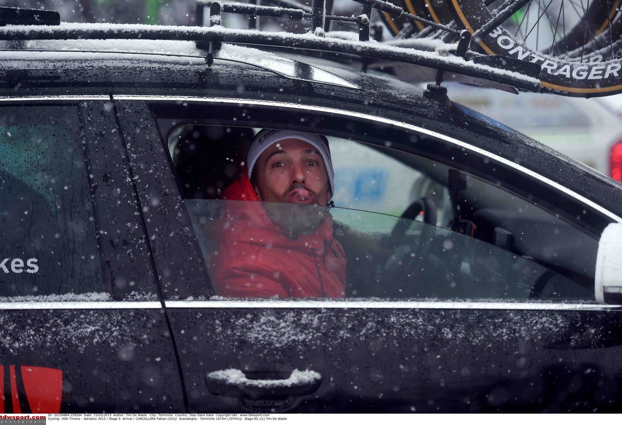 Fabian Cancellara in the warmth of the team car