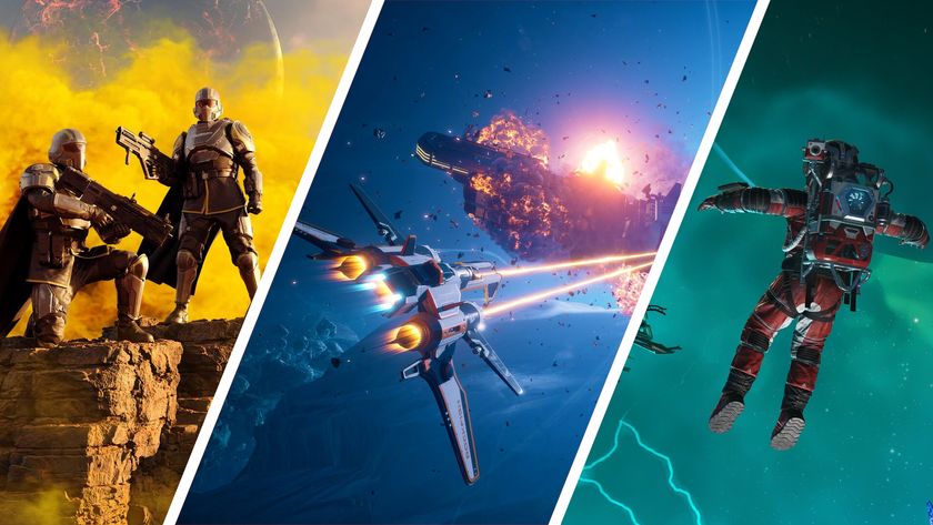 Split image showing screenshots from three space games: Helldivers 2, Everspace 2, and No Man's Sky