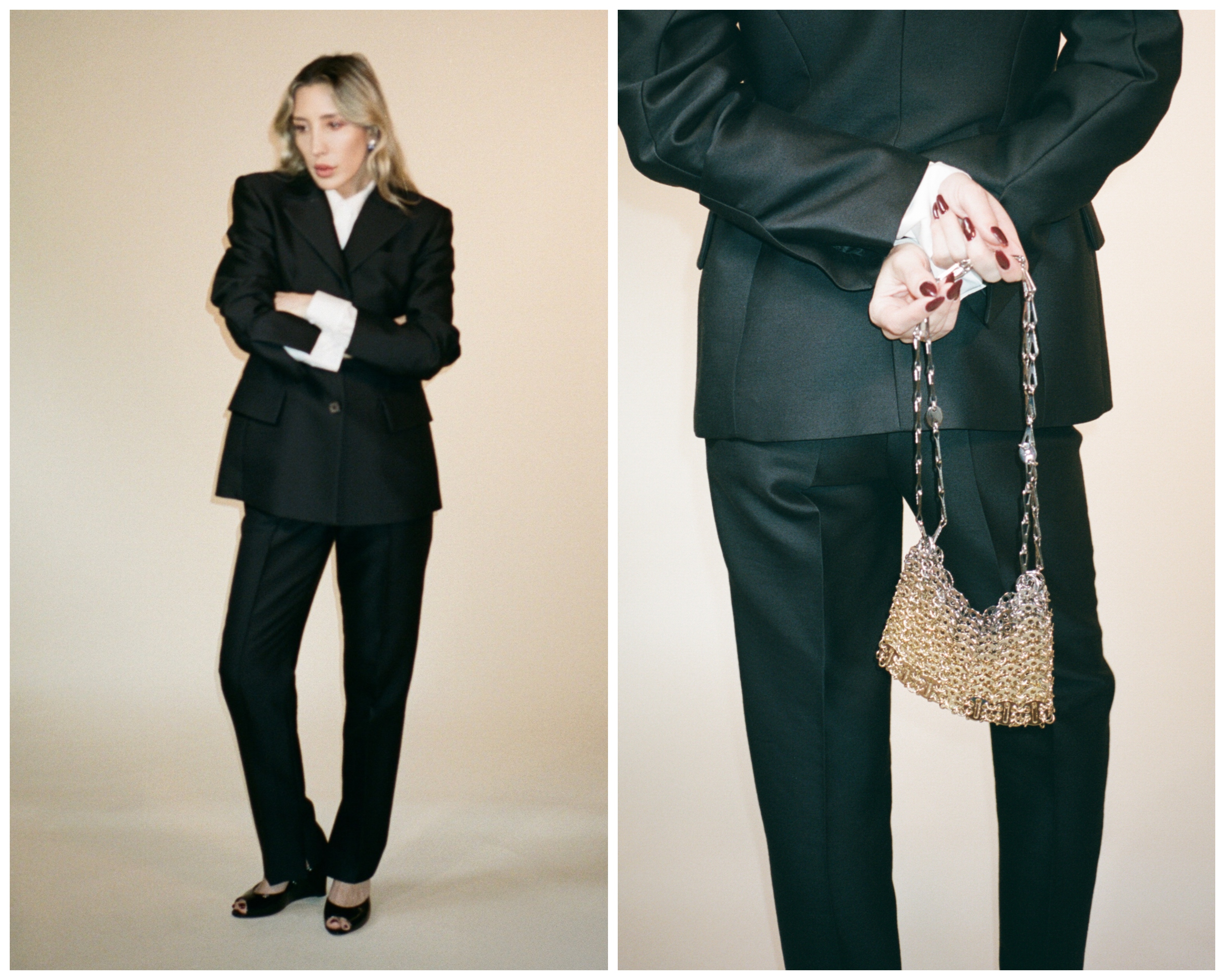 Angela Fink wearing a suit and a shimmering bag