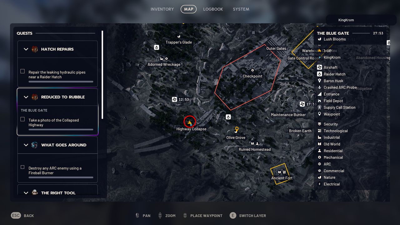 Arc Raiders Reduced to Rubble: A map with a red circle showing where you need to go to photograph the collapses highway.