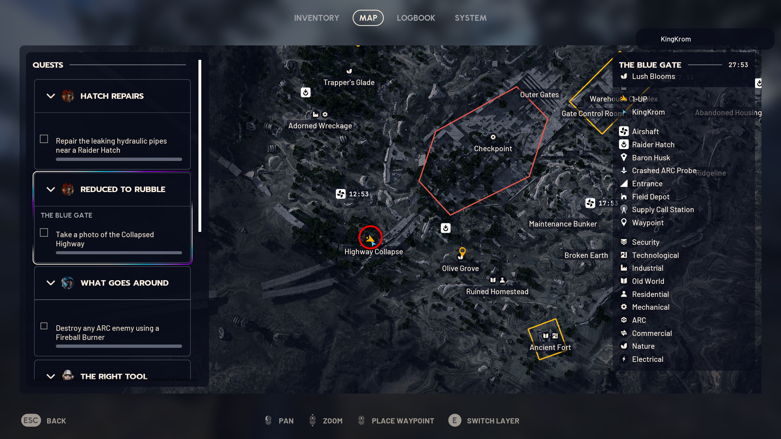 Arc Raiders Reduced to Rubble: A map with a red circle showing where you need to go to photograph the collapses highway.