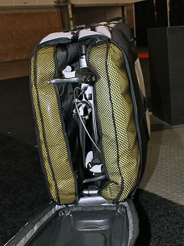 Inflatable padding sandwiches the bike in the centre and also prevents the outboard-mounted wheels (up to two sets) from coming into contact with the frame).