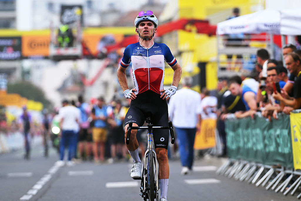French champion Romain Gr&amp;eacute;goire crosses the finish line during stage 5 of the 2026 Tour de France