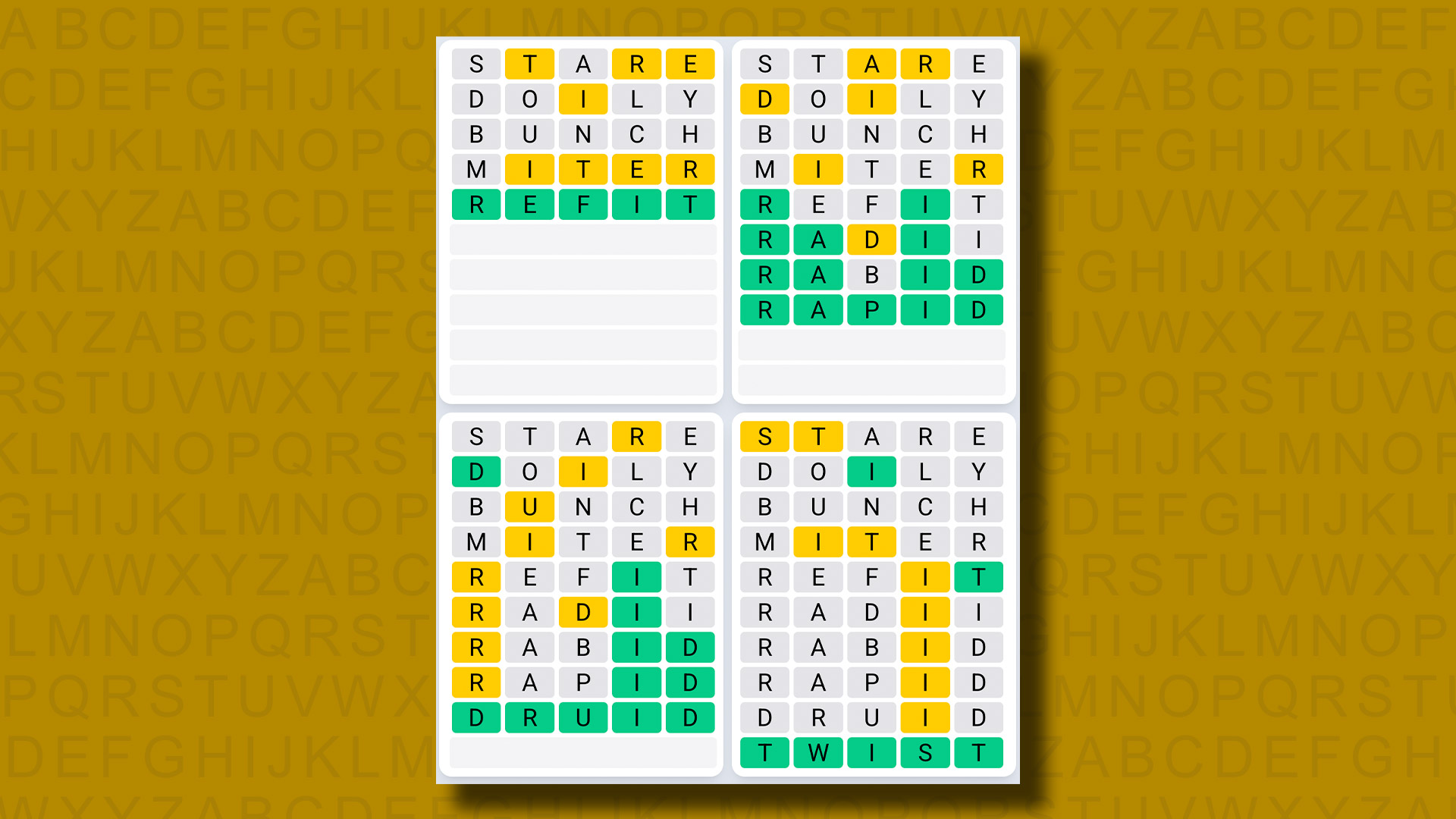 Quordle Daily Sequence answers for game 1288 on a yellow background