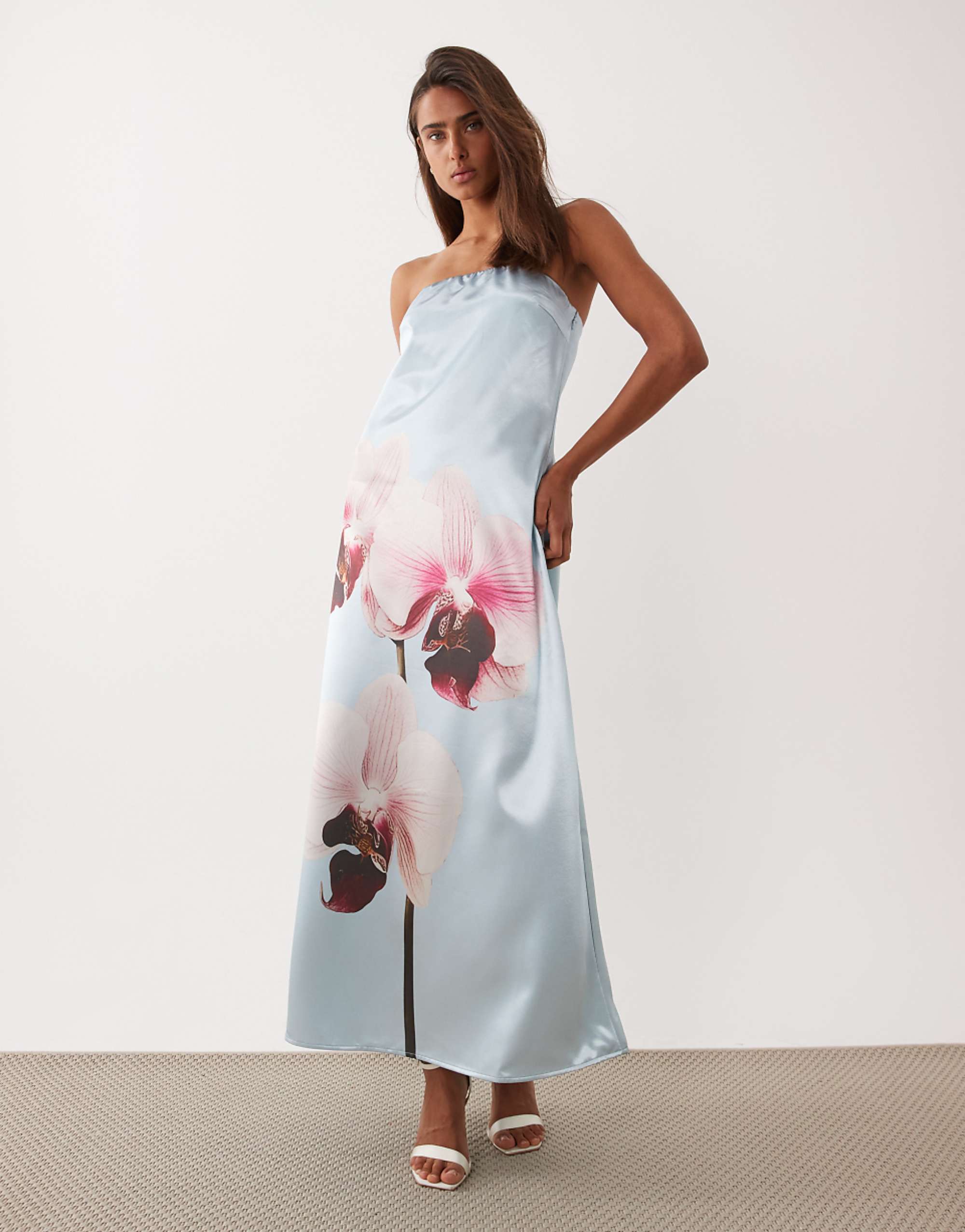 Yas Placement Orchid Satin Bandeau Maxi Dress in Pale Blue