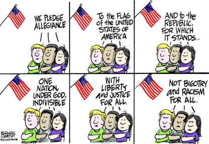 Political cartoon U.S. Pledge of allegiance racism bigotry